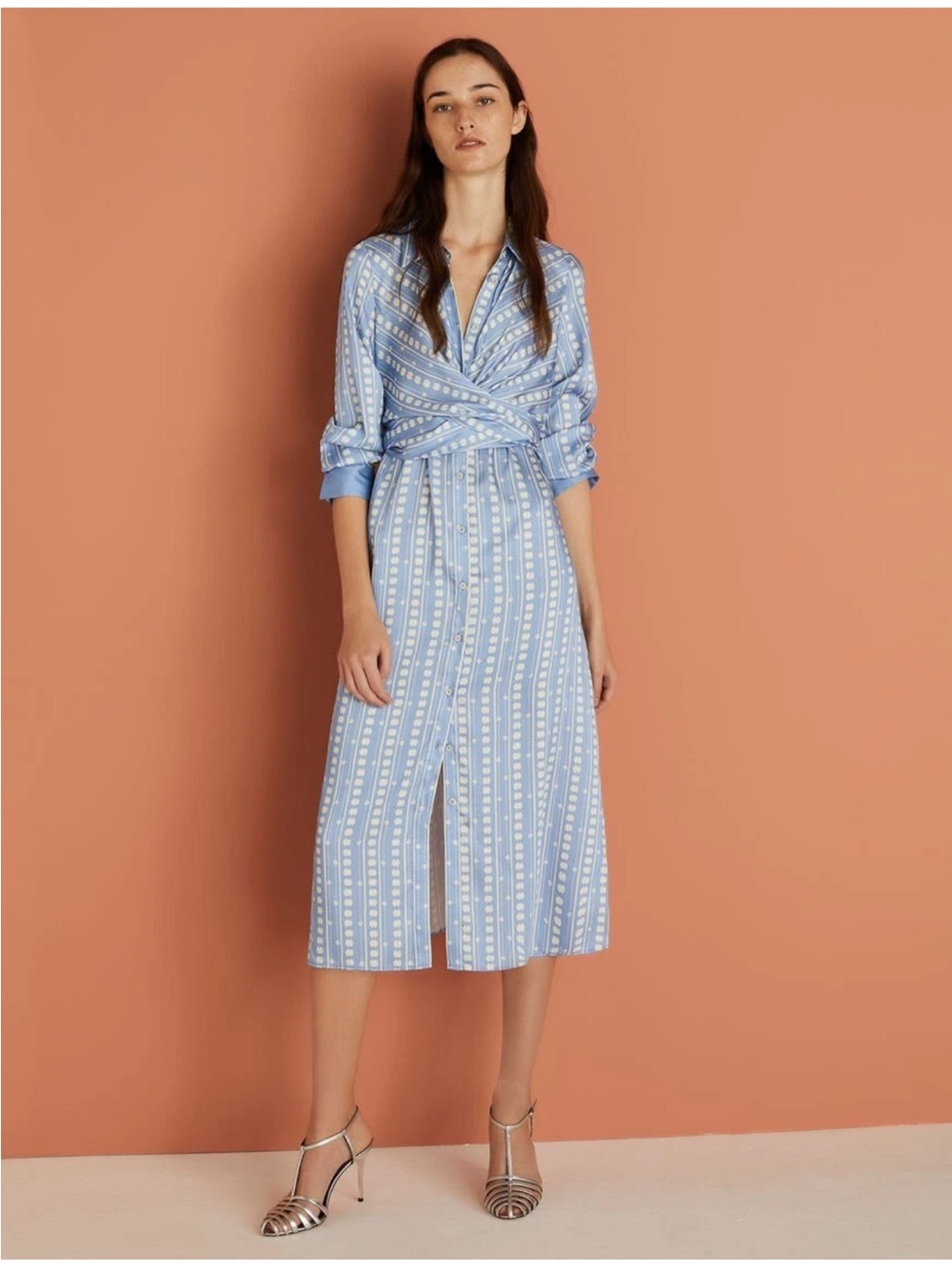 NWT Marella Pineta Satin Faux Wrap Midi Shirt Dress Sky Blue White Size 8